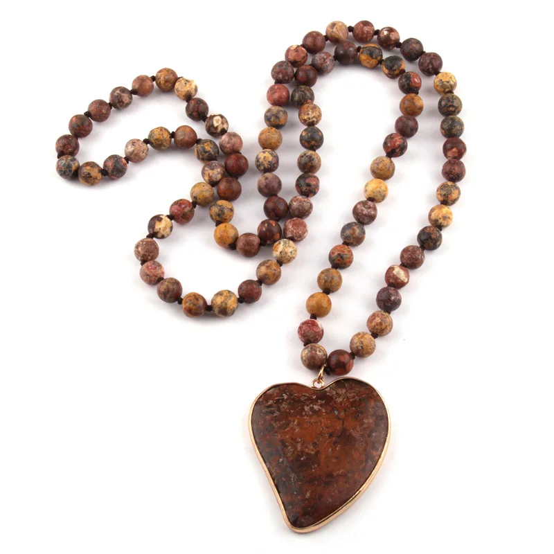 New Fashion Bohemian Jewelry Natural Tiger Eye Stone Knotted Brown Stone heart Pendant Women Necklace