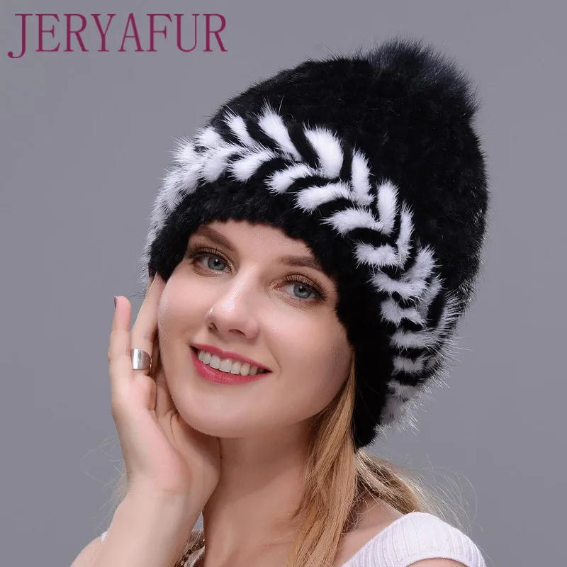 New Fashion Winter Ear Warm Women Knitting Cap Real Natural Mink Hats Two-color Match Cross-weave with Fox Fur Pompom on The Top