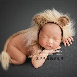 Mão de malha bebê chapéu longo mane leão bonnet e brinquedo conjunto fotografia adereços recém-nascidos crochê mohair animal boné foto adereços