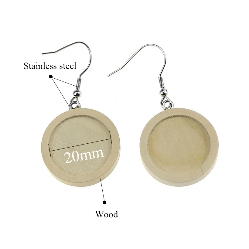 10pcs/lot Fit 20mm Wood Cabochon Earring Base Settings Blank Stainless Steel Hooks Diy Accessories for Making Earrings