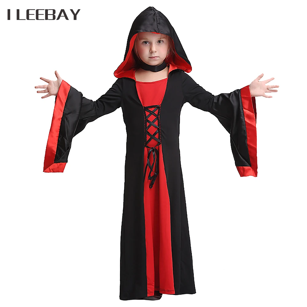 

Kids Girls Halloween Party Dresses Hoodies Witch Dress Clothes Wizard Sorceress Robe File Children Vampire Cosplay Costume Gown