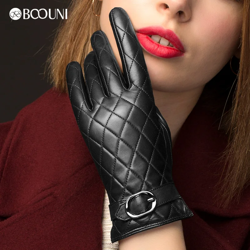 Genuine Leather Gloves Women Fashion Plaid Real Sheepskin Glove Winter Thicken Warm Top Quality Driving Gloves NW701