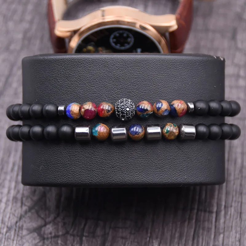 New design 2pc/sets Natural stone Bracelet men Micro Pave CZ 8mm Disco Ball Charms Bracelets for women Men jewelry viking bijoux