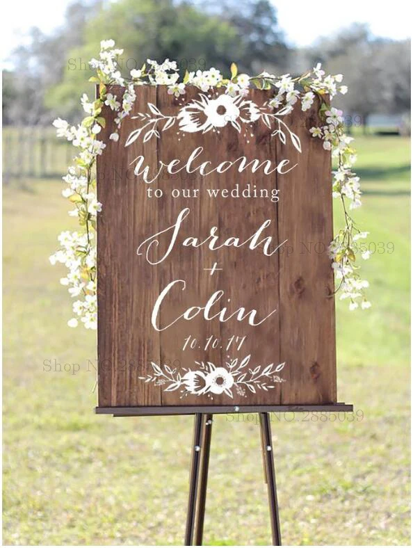 New Flowers Wooden Board Wedding Sign Decals Welcome To Our Wedding Custom Name Date Personalized Vinyl Decor Waterproof LC946