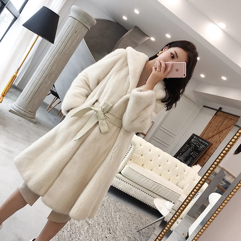 2024 New Real Natural Mink Whole Fur Women Long Coat With Hood  Winter Thick Slim Warm Female Mink Fur Hood Jacket