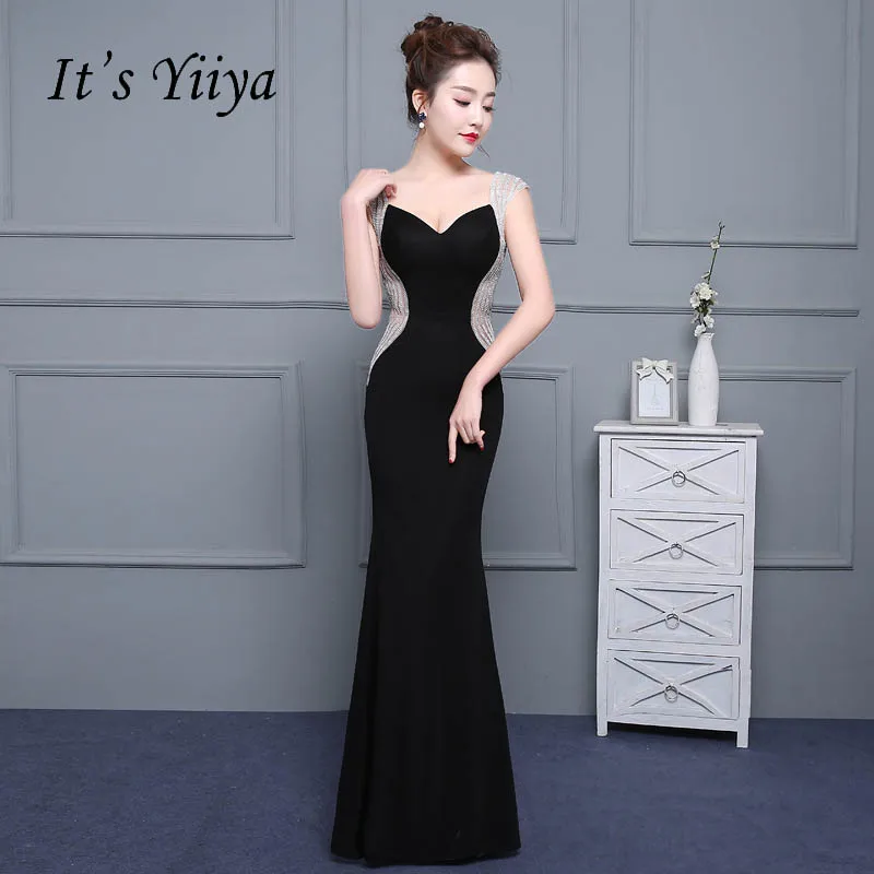 It\'s Yiiya Sex Black Backless Satin V-neck Zipper Elegant Evening Dresses Mermaid Party Gown Evening Gowns Formal Dresses LX180