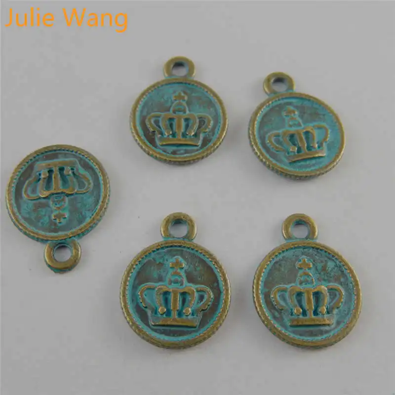 Julie Wang 20pcs Antique Bronze Green Crown Coin Charm Pendant Alloy DIY Bracelet Necklace Jewelry Making Metal Accessories