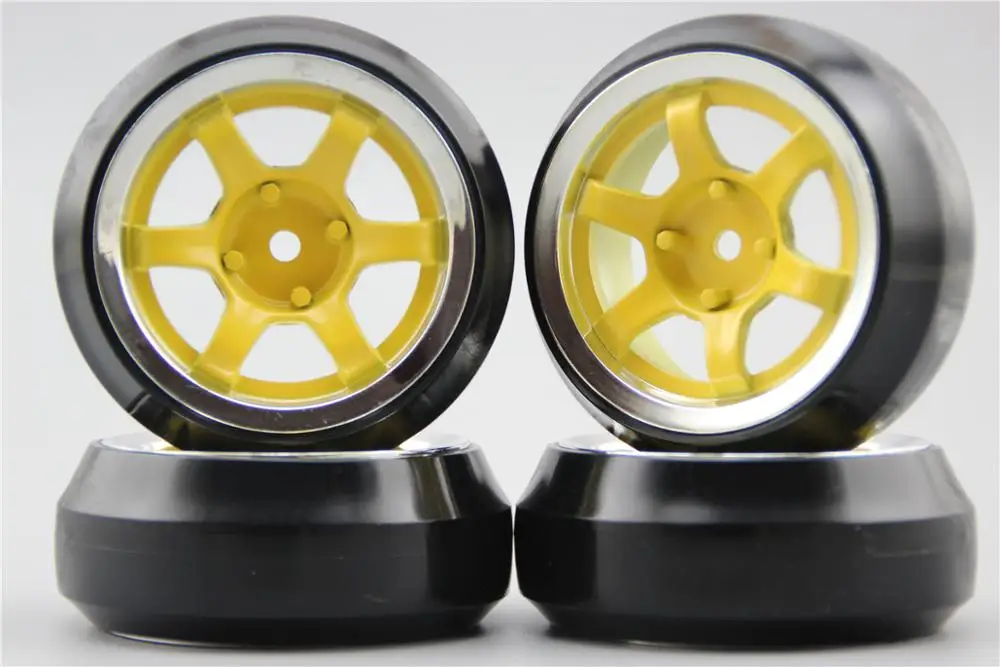 4pcs RC 1/10 Hard Drift Tire Tyre Wheel Rim S6SCY 4mm Offset(Chrome+Painting Yellow) Fits For 1:10 Drift Car