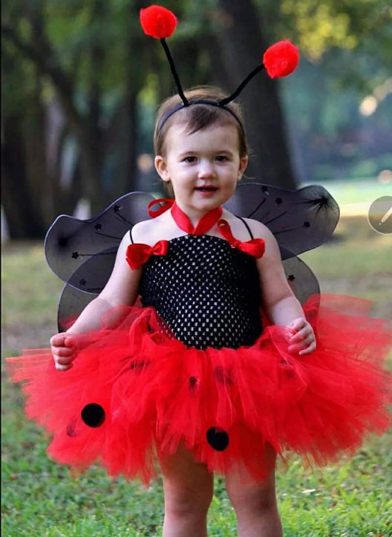 Cute Girls Red Ladybug Tutu Dress Baby 2Layers Crochet Tulle Dress with Hairbow Kids Animal Cosplay Costume Party Dress Clothing