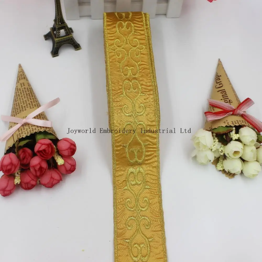 Gold Embroidered Lace Ribbons Appliqued Braid Flower Ribbon Iron On Cosplay Costumes Tape 5cm wide 6 Yard/Piece