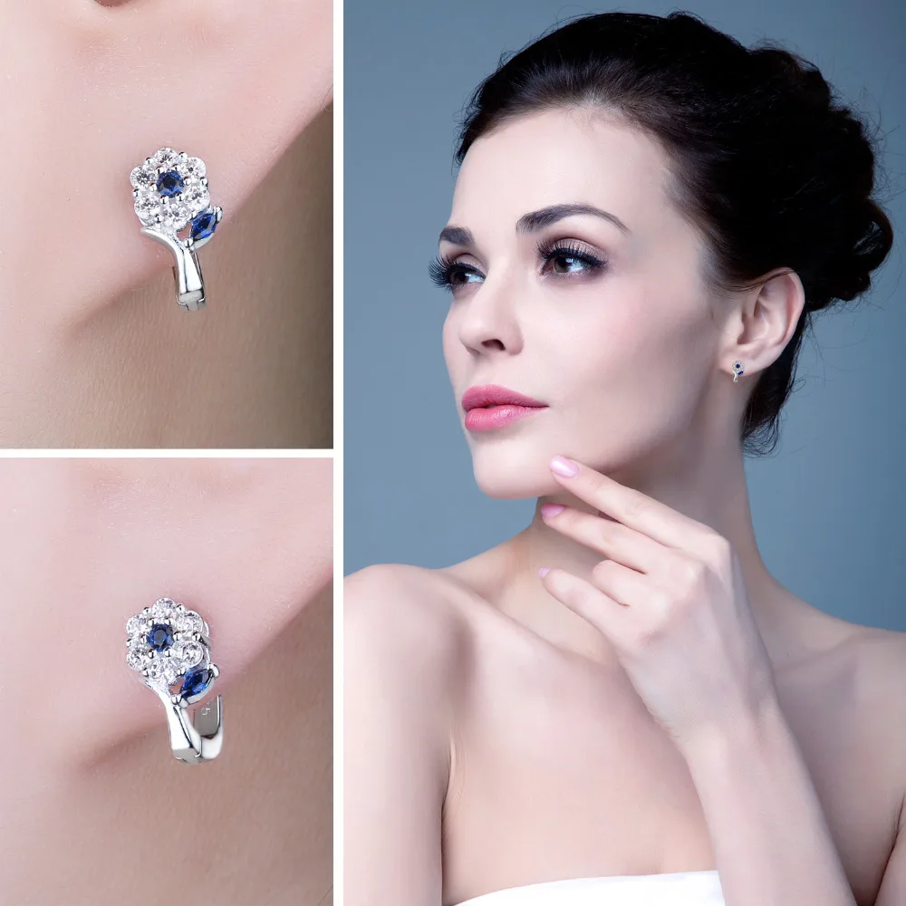 JewelryPalace Flower Created Blue Spinel 925 Sterling Silver Hoop Earrings for Woman Girl Fashion Party Gift Trendy Fine Jewelry