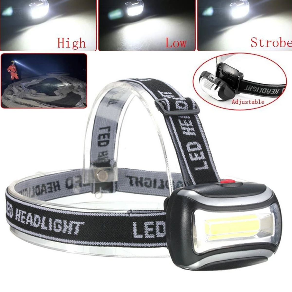 600 Lumens 3W Outdoor Working COB Headlight Lamp Headlamps Flashlight Black