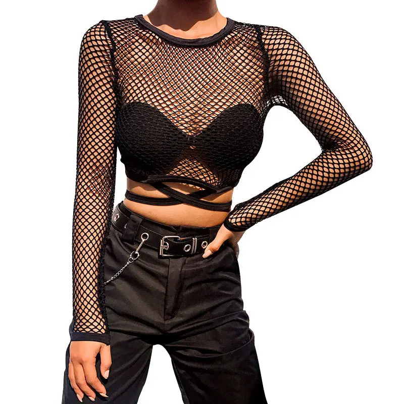 BKLD Women T-Shirt Solid Mesh Top Sexy Black Long Sleeve Top Perspective Mesh Fishnet Crop Tops T-Shirt Women Summer Streetwear