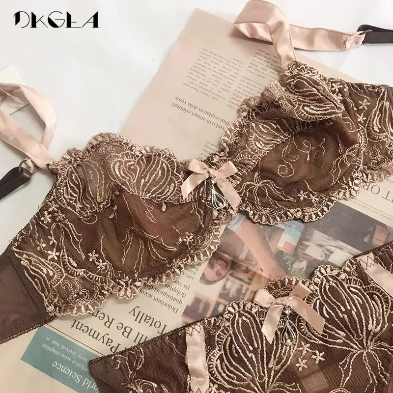 New Sexy Bra Panties Sets Plus Size Brassiere Ultrathin Underwear Set Transparent Bras Women Lace Lingerie Set Embroidery Brown