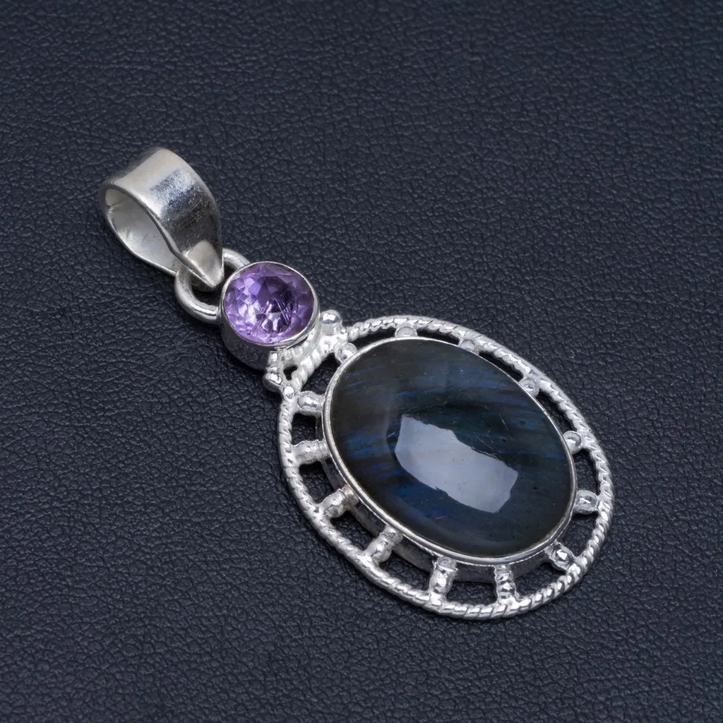 

Natural Blue Fire Labradorite and Amethyst Handmade Unique 925 Sterling Silver Pendant 1.75" A4821