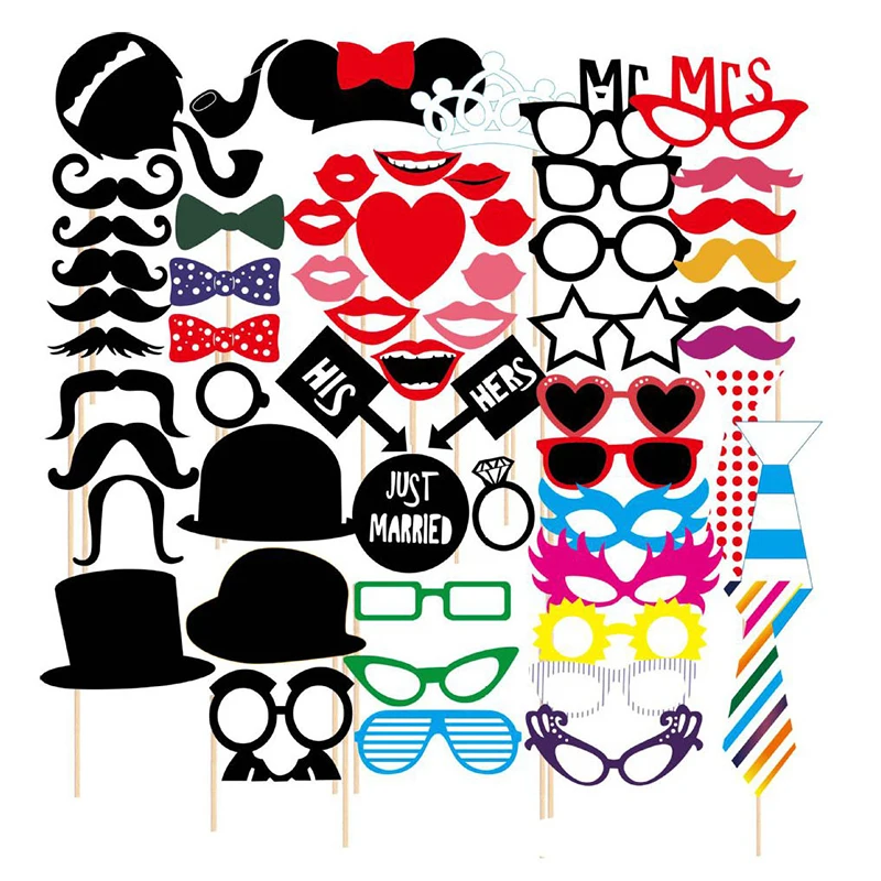 58pcs Wedding Photo Booth Props Party Masks Hat Mustache Lip Photobooth Props Wedding Party Decoration Birthday Party Favor Gift