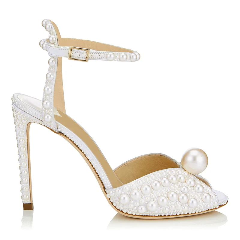 

Summer Ladies Big White Pearls Embellished Sandals Full Pearl Beads Studs Stilettos Heels Peep Toe Ankle Strap Wedding High Heel