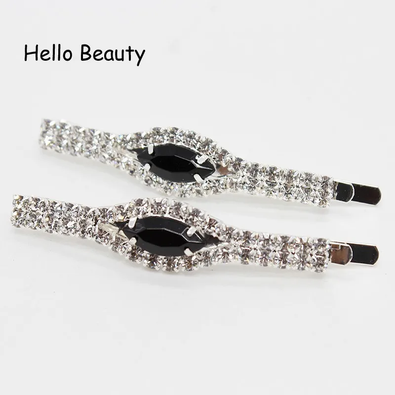 1 Pair Fashion Hair Accessories Stone Hair Grip Slide Crystal Hair Barrettes Black Rhinestone Hair Clip For Woman Girls