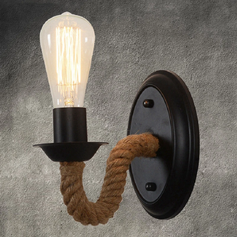 

American Industrial Retro LED Hemp Rope Wall Lamp Bedroom Staircase Aisle Garden Wrought Iron Rope Lamp For Restaurant Bar Cafe