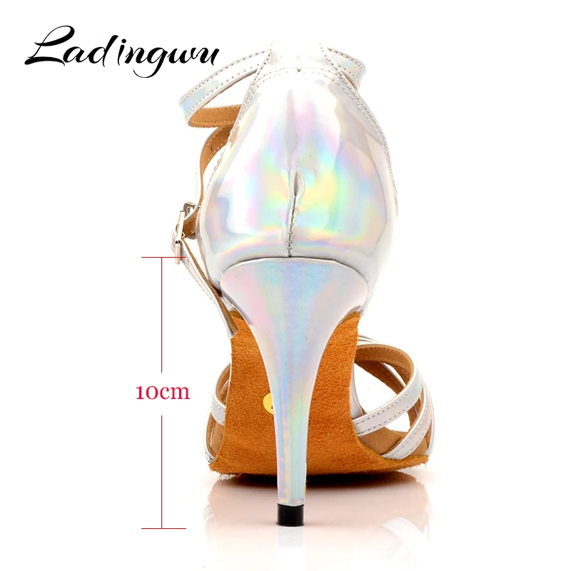 Ladingwu Latin Dance Shoes Salsa Dance shoes Silver discoloration PU Ballroom Dance Shoes Women Heel 6-10cm