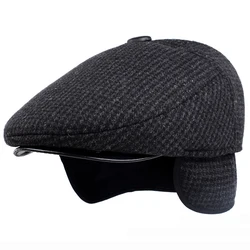 HT1847 Classic Man Cap Autumn Winter Hat with Ear Flap Elder Man Male Dad Hat Warm   Flat Cap Wool Blend Men Beret Cap