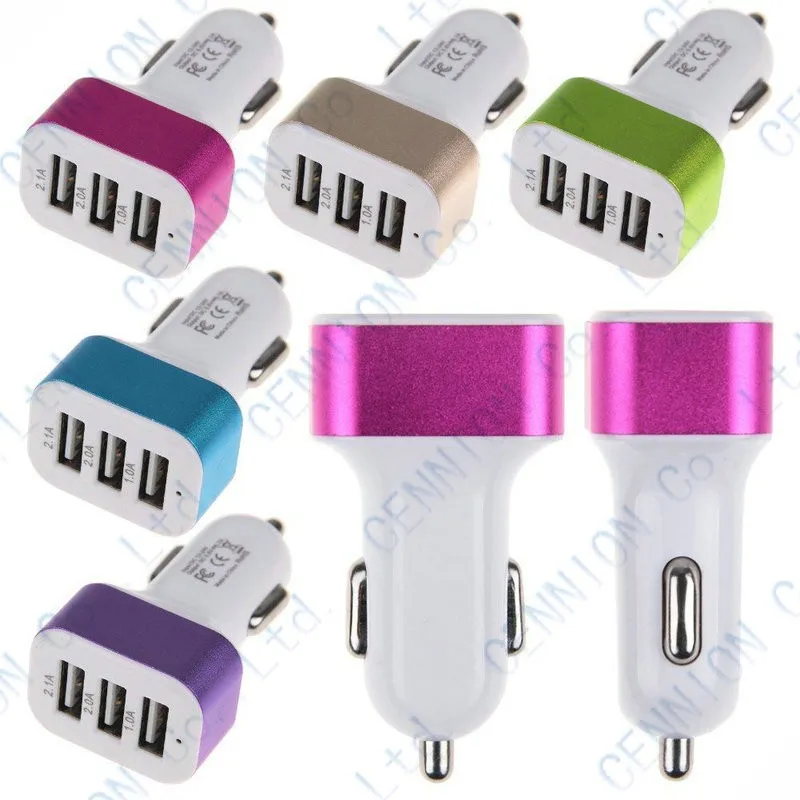 3 USB Port Car Charger light up car adapter low power for Apple iPhone iPad iPod Samsung Galaxy Motorola Android Htc 200pcs