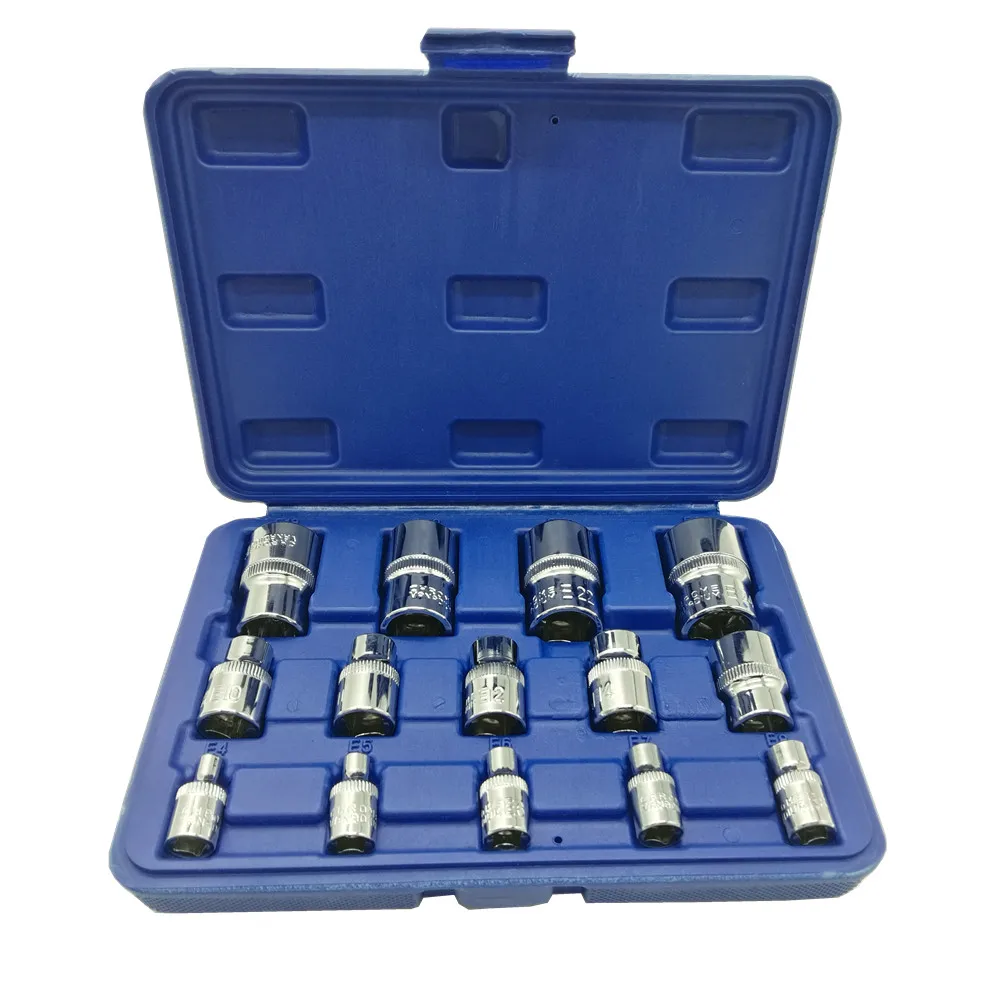 Julydream 14PC E Torx Star Female Bit Socket Set with a Strong Case CRV 1/2  3/8  1/4  Inch Drive E4 to E24 Hand Tool Set