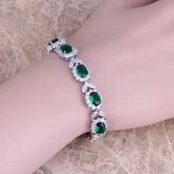 Silky Green Cubic Zirconia White CZ Silver Plated Link Chain Bracelet 7 inch S0401