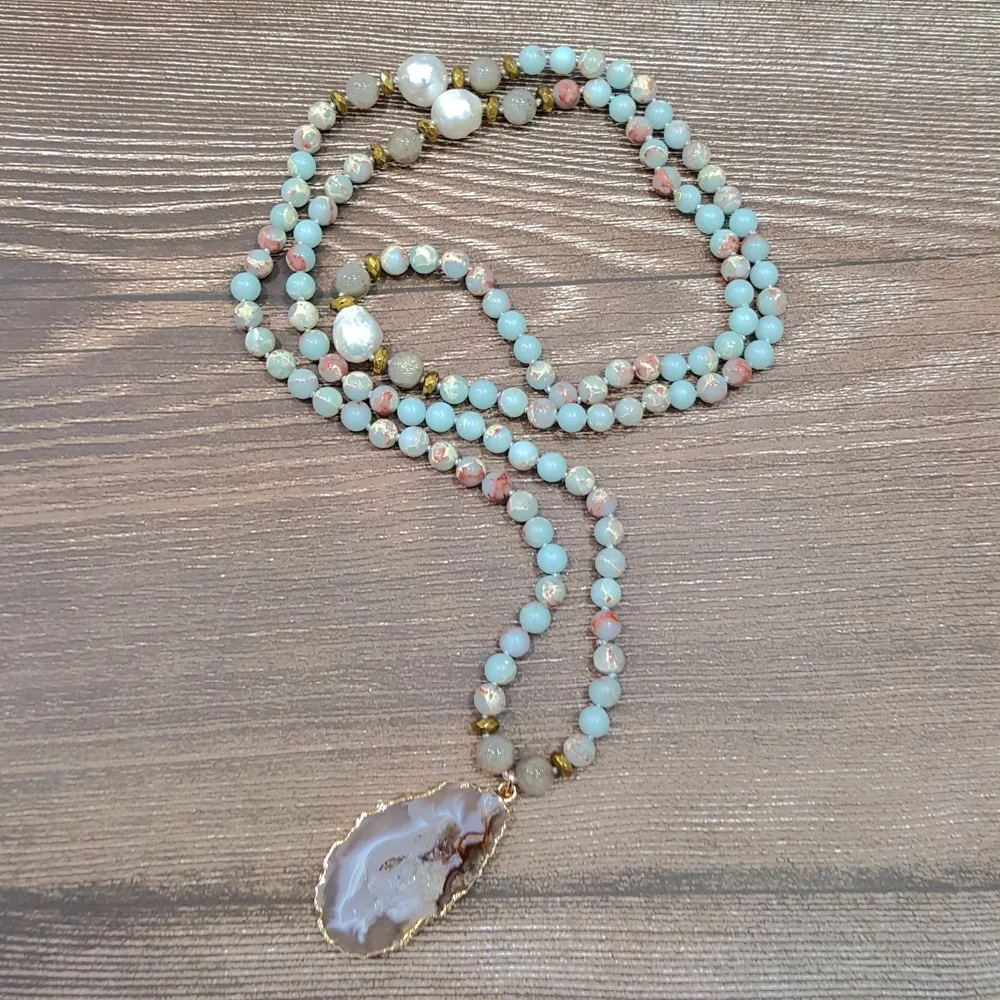 Lii Ji Natural Stone Druzy Crystal Agate Labradorite Jasper Bohemia Mala 108 Necklace 35.5 inch Hand Made Jewelry Drop Shipping