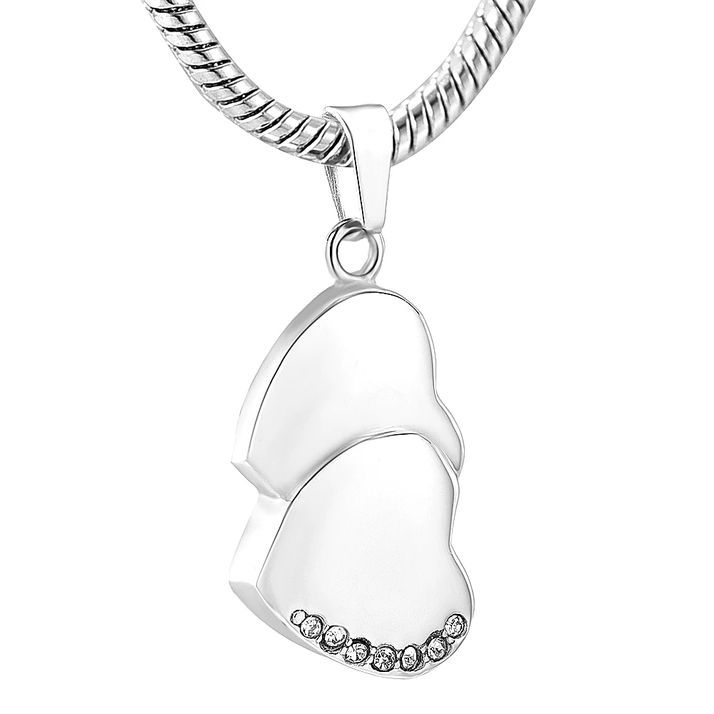 

IJD12447 Inlay Clear Crystal Double Heart Stainless Steel Cremation Jewelry For Ashes - Free Engrave Memorial Urn Necklace