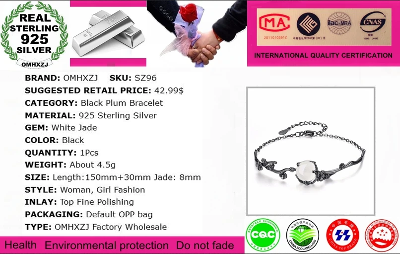 OMHXZJ Wholesale High Quality Fashion Vintage Wild Woman Girl Party Gift Black Plum White Jade 925 Sterling Silver Bracelet SZ96