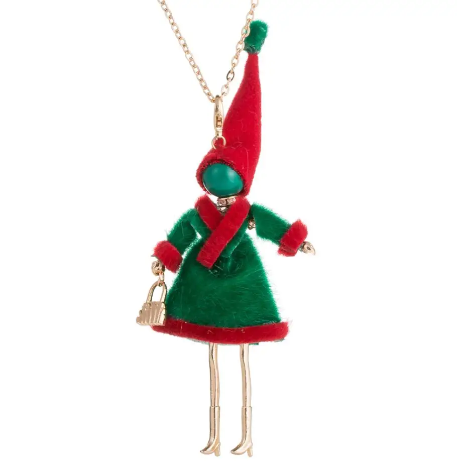 Cute Bowknot Dress Doll Necklace Women Christmas Cloth Santa Claus Pendants Necklaces Christmas Jewelry Accessories Long Chain