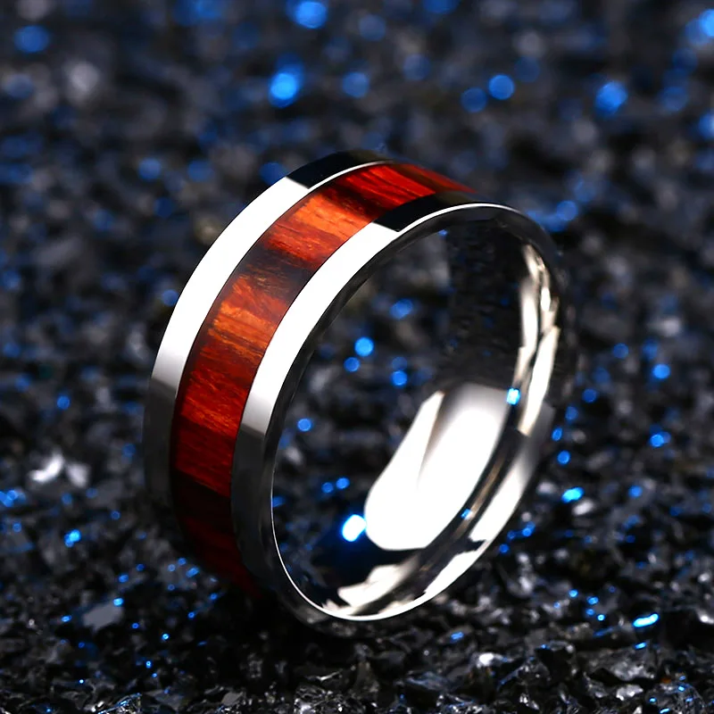 316L Stainless Red Woodiness For Man Titanium Steel High Polished Man\'s Fashion Ring BR-R087