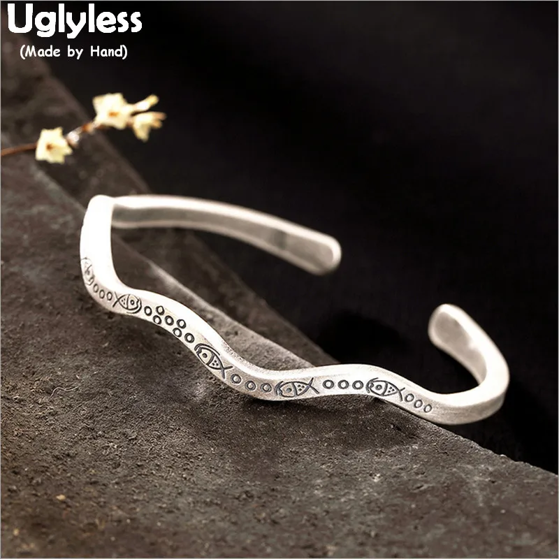 Uglyless 100% Real 999 Full Silver Square Bangles Handmade Carved Totem Fishes Bangles for Women Waved Exotic Bracelets Jewelry