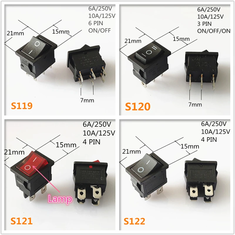 Spst kcd 3pin 6pin ligar/desligar interruptor de balancim quadrado dc ac 6a/250v painel do carro traço interruptor plástico dropshipping