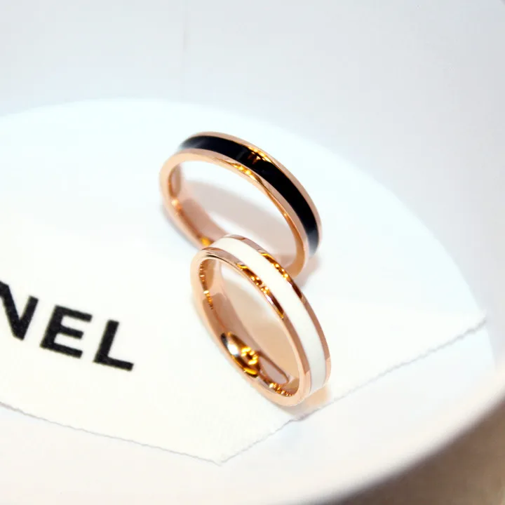 YUN RUO Rose Gold Color White Black Ceramic Ring for Woman Man Wedding Jewelry 316L Stainless Steel Ring Top Quality Never Fade