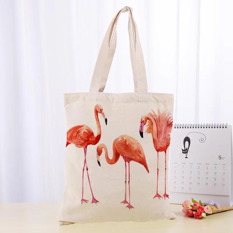 

High Quality Flamingo Canvas Tote Bag Fashion Durable Women Student Cotton Linen Handbag Printed Shopping Bags Custom logo