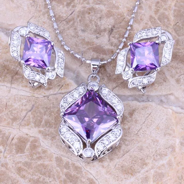 Brilliant Purple Cubic Zirconia White CZ Silver Plated Earrings Pendant Necklace Jewelry Sets S0756