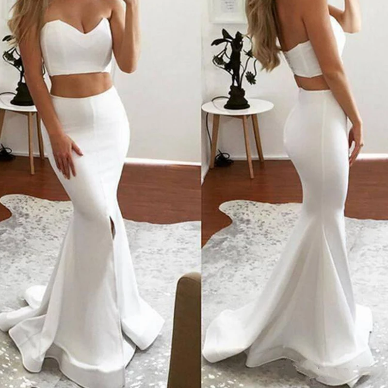 2021 Pure White Sheath Mermaid Prom Dresses Two Pieces Sexy Backless Sweetheart Long Party Dresses Split Evening Gowns