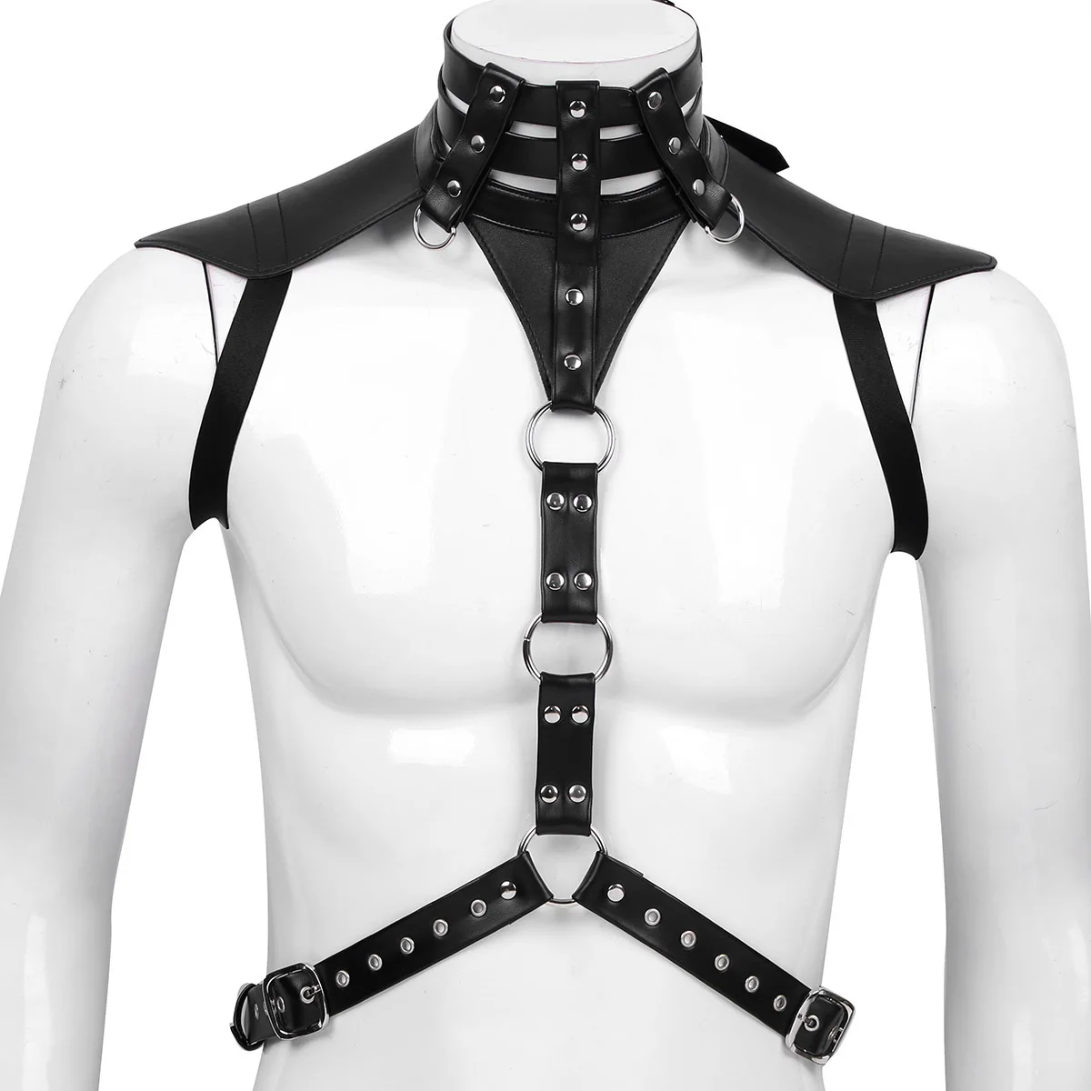 Cinto de arnês de couro falso preto para homens Halter de metal masculino Peito punk Top de corte gótico Traje quente sexy de gaiola Rave, roupa de clube