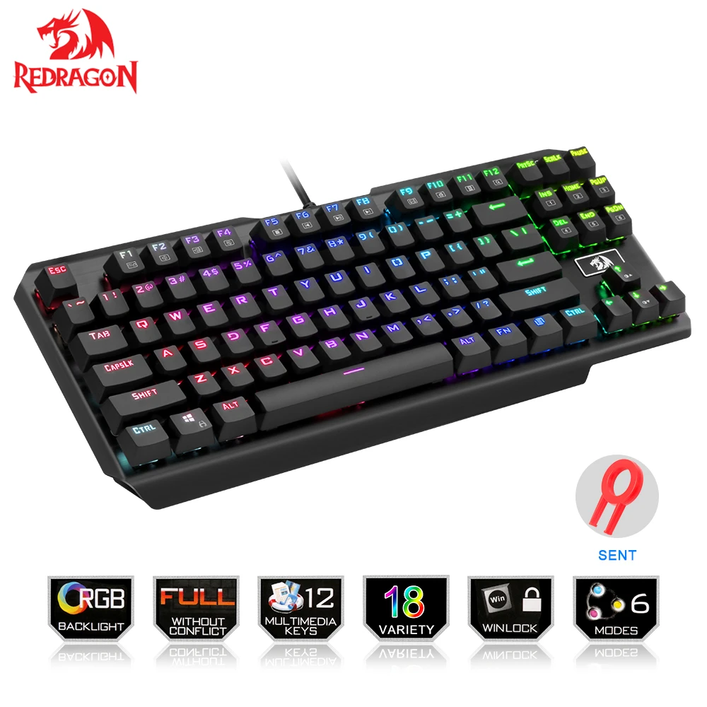 

Механическая игровая клавиатура Redragon USAS K553, игровая клавиатура со светодиодной RGB подсветкой, 87 клавиш, защита от фиктивных нажатий, для геймеров Outemu Blue switch-ghosting