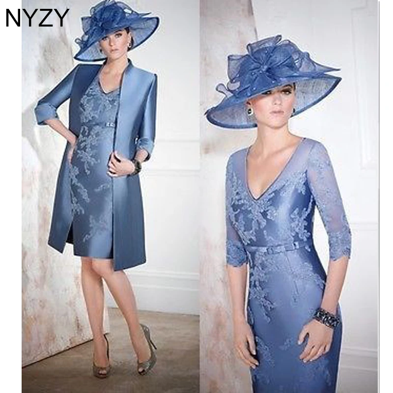 NYZY M9 Vintage V Neck 3/4 Sleeves Wedding Guest Wear Party Gown 2 Piece Mother of the Bride Dresses With Jacket Coat 2019