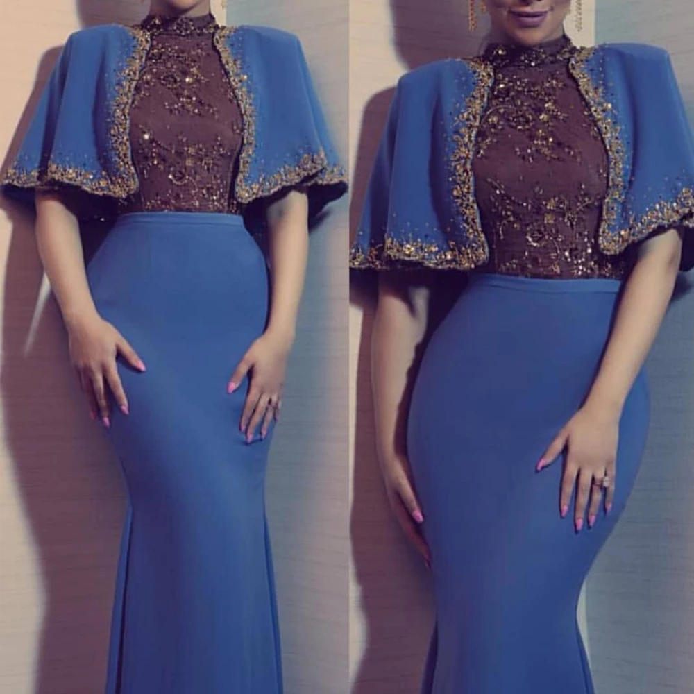 Biru Gaun Prom 2020 Putri Duyung Kru Leher Lengan Pendek Renda Appliques Manik-manik Payet Mermaid Satin Gaun Malam Rochii