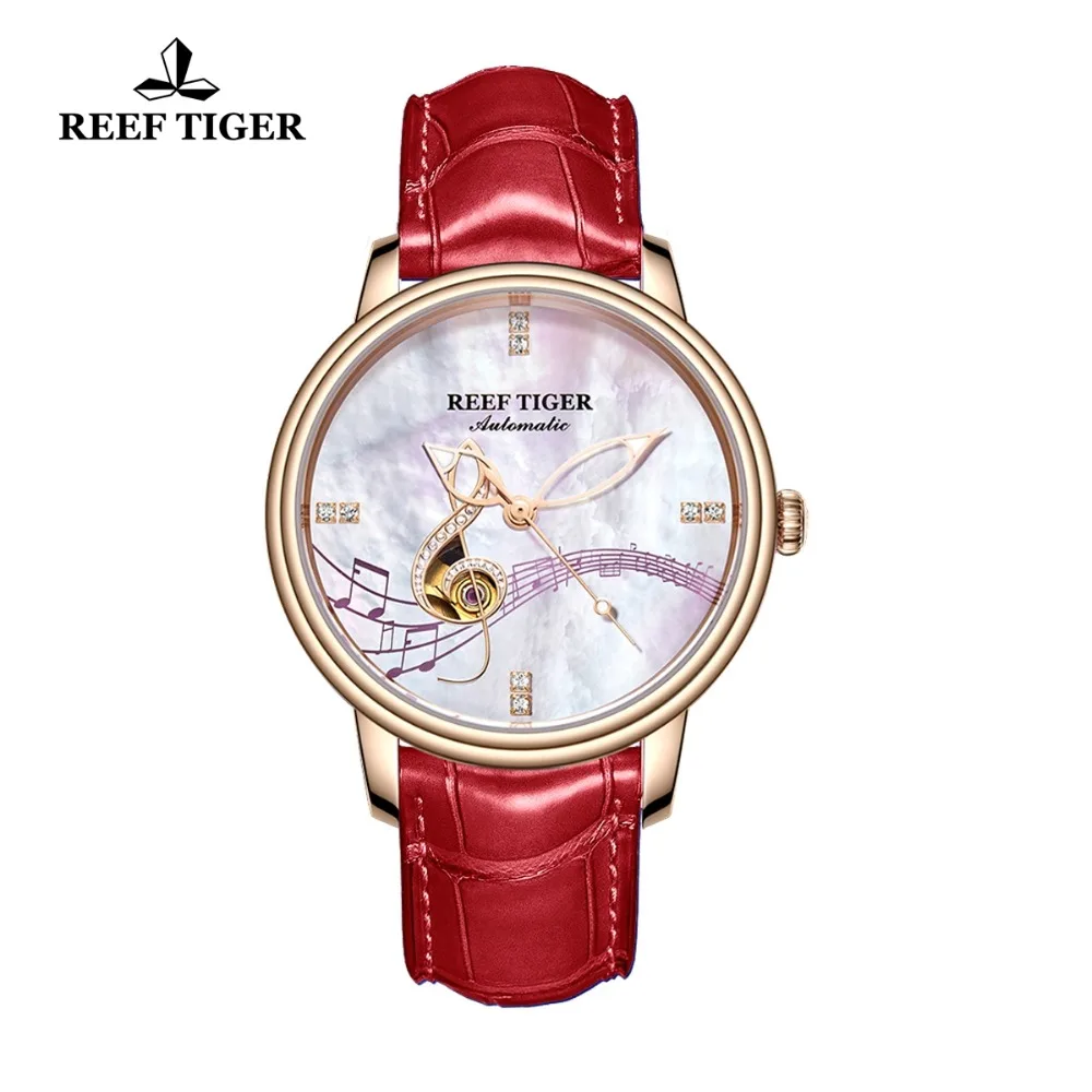 Reef Tiger/RT Women Fashion New Luxury Rose Gold Leather Band Automatic Watches RGA1582