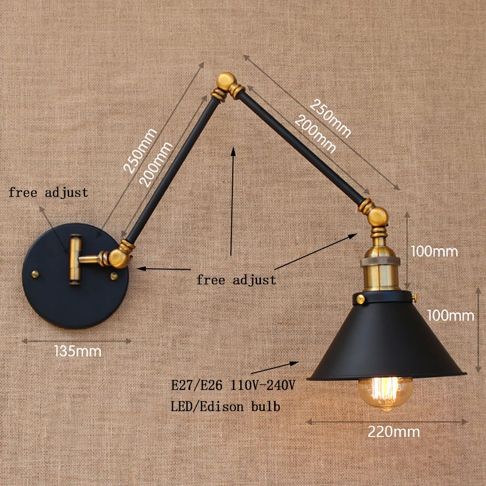 

Loft Black Vintage Industrial Style Adjustable Long Arm Retro Wall Lamp E27 Led Bulb Lights For Home Hallway Bedroom Living Room