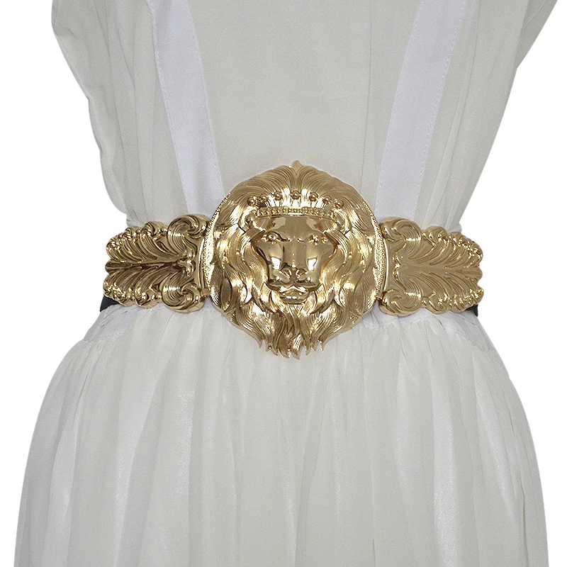 Ladies Shiny Gold Tone Big Round Coin Buckle Metal Belt Queen & Dophin Stretch Dress Belt For Women Fashion Accessory bg-014