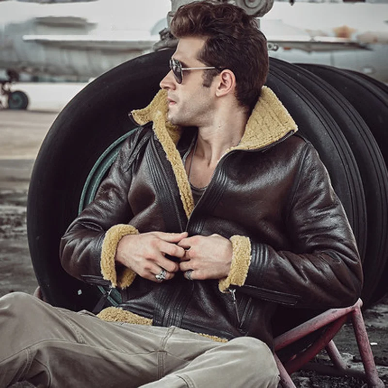 Mens Aviator B3 Sheepskin Jacket winter leather jacket Brown for men Motorcycle Jacket Silm   Casual Coat