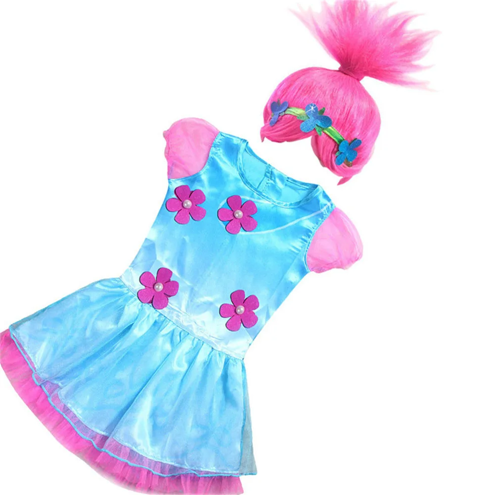 Baby Girl Trolls Princess Dress+Wig Children Cartoon Flower Dress Kids Halloween Poppy Cosplay Clothes Costume Vestidos Infantil