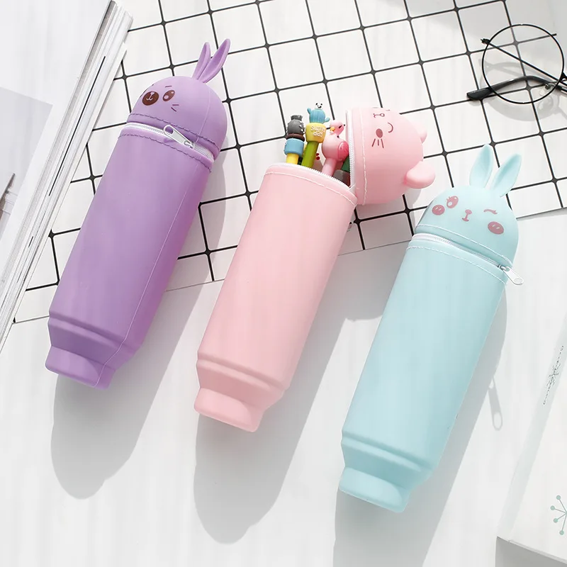 Cute Cartoon Pencil Bag Jelly Color Silicon Pensil Case Kawaii Stationery Pen Holder Stand Up Penzil Box INS Xmas Gift Organizer