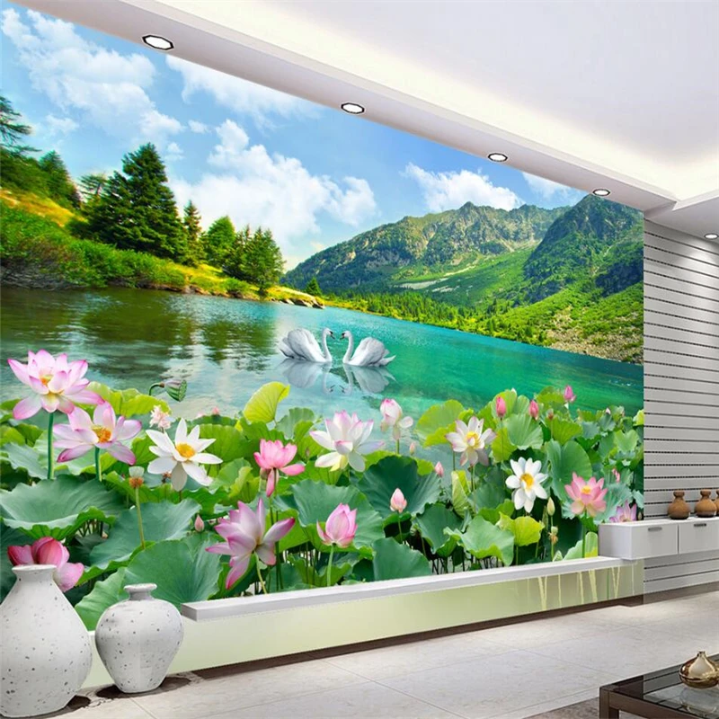 

beibehang Lakes and mountains Swan Lake beautiful scenery living room backdrop Custom large mural green wallpaper